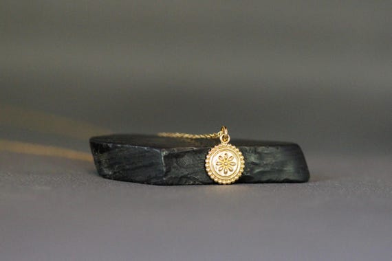 Gold Medallion Necklace - Small Round Gold Pendant - Gold Flower Necklace - Gold Charm Necklace - Simple Gold Necklace - Small Pendant