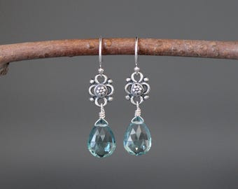Teal Blue Quartz Earrings - Blue Gemstone Earrings - Silver Flower Earrings - Bali Silver Earrings - Silver Filigree Earrings - Chandeliers