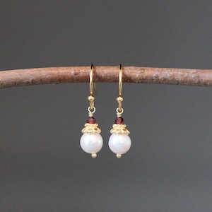 Garnet and Pearl Earrings - Pearl and Gemstone Earrings - Akoya Pearl Earrings - Red Gemstone Earrings - Garnet and Gold Earrings
