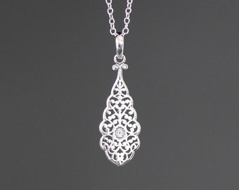 Silver Filigree Necklace - Silver Teardrop Necklace - Silver Charm Necklace - Sterling Silver Pendant - Simple Silver Pendant