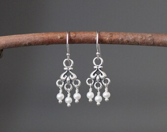 Pearl and Silver Earrings - Small Chandelier Earrings - Bali Silver Earrings - Wire Wrapped Earrings - White and Silver Earrings