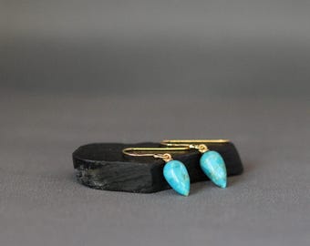 Blue Copper Turquoise Earrings - 14k Gold Vermeil Jewelry - Teardrop Gemstone Dangles