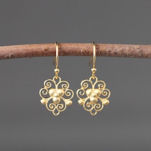 Gold Filigree Earrings - 18k Gold Earrings - Matte Gold Earrings - Gold Charm Earrings