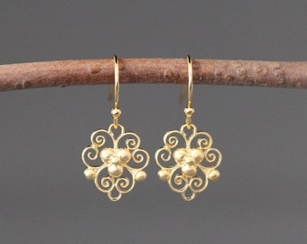 Gold Filigree Earrings - Matte Gold Earrings - Gold Charm Earrings - 18k Gold Vermeil - Lightweight Gold Earrings