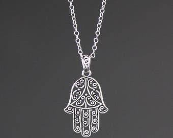 Silver Hamsa Necklace - Filigree Charm - Hand of Fatima Pendant - Judaica Jewelry