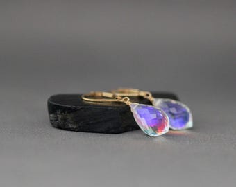 Fire Rainbow Moonstone Quartz Earrings - 14k Gold Filled Gemstone Dangles - Wire Wrapped Jewelry