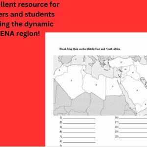 Può includere: Un quiz di mappa in bianco e nero vuoto del Medio Oriente e del Nord Africa. La mappa è divisa in 20 regioni, numerate da 1 a 20. Ci sono linee vuote accanto a ogni numero per consentire agli studenti di inserire i nomi dei paesi.