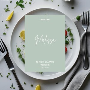 Cartão de boas-vindas, crachá de casamento, cartão de lugar de casamento, cartão de boas-vindas para convidados, cartão de boas-vindas verde-sálvia, cartão de prato, noivado, batizado