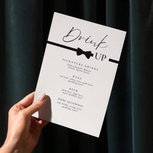 Menú de bebidas, despedida de soltero, cuenta de bar para solteros, bebida, bebidas de restaurante, menú de cócteles, menú de bar moderno, noche de chicos, cueva de hombres, pajarita, bar