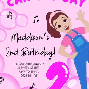 May include: Pink birthday invitation with a cartoon girl in a pink shirt and blue overalls. The invitation says "Can you say Maddison's 2nd Birthday!" and includes details for the party.
