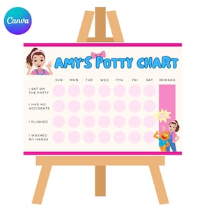 Può includere: Un grafico per l'addestramento al vasino su un cavalletto di legno. Il grafico è rosa e bianco con la scritta "Amy's Potty Chart" in blu. Include spazi per monitorare i progressi e illustrazioni di una ragazza e un pupazzo.
