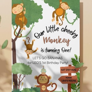 1E verjaardagsuitnodiging, brutale aapuitnodiging, safarithema, jongensverjaardag, schattig junglethema, dierentuinthema, wilde, leuk, speels