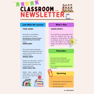 Peut inclure: Une newsletter de classe colorée. Elle présente des sections sur les apprentissages, la croissance du jardin, les rappels et les événements à venir. Le thème est les biomes, avec des sujets comme la pleine conscience et les mathématiques musicales.