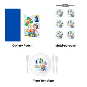 May include: A collection of party supplies featuring a cartoon design with the number 1 and the name "MR. LEON". Includes a blue cutlery pouch, multi-purpose stickers, and a plate template with a fork, knife, and spoon.