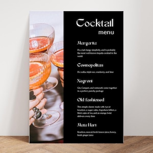 Menú de cócteles, menú de bebidas, menú de restaurante, menú de bodas, menú de cenas, editable, canva, bebidas de autor, menú de bar moderno, bebidas para él y para ella