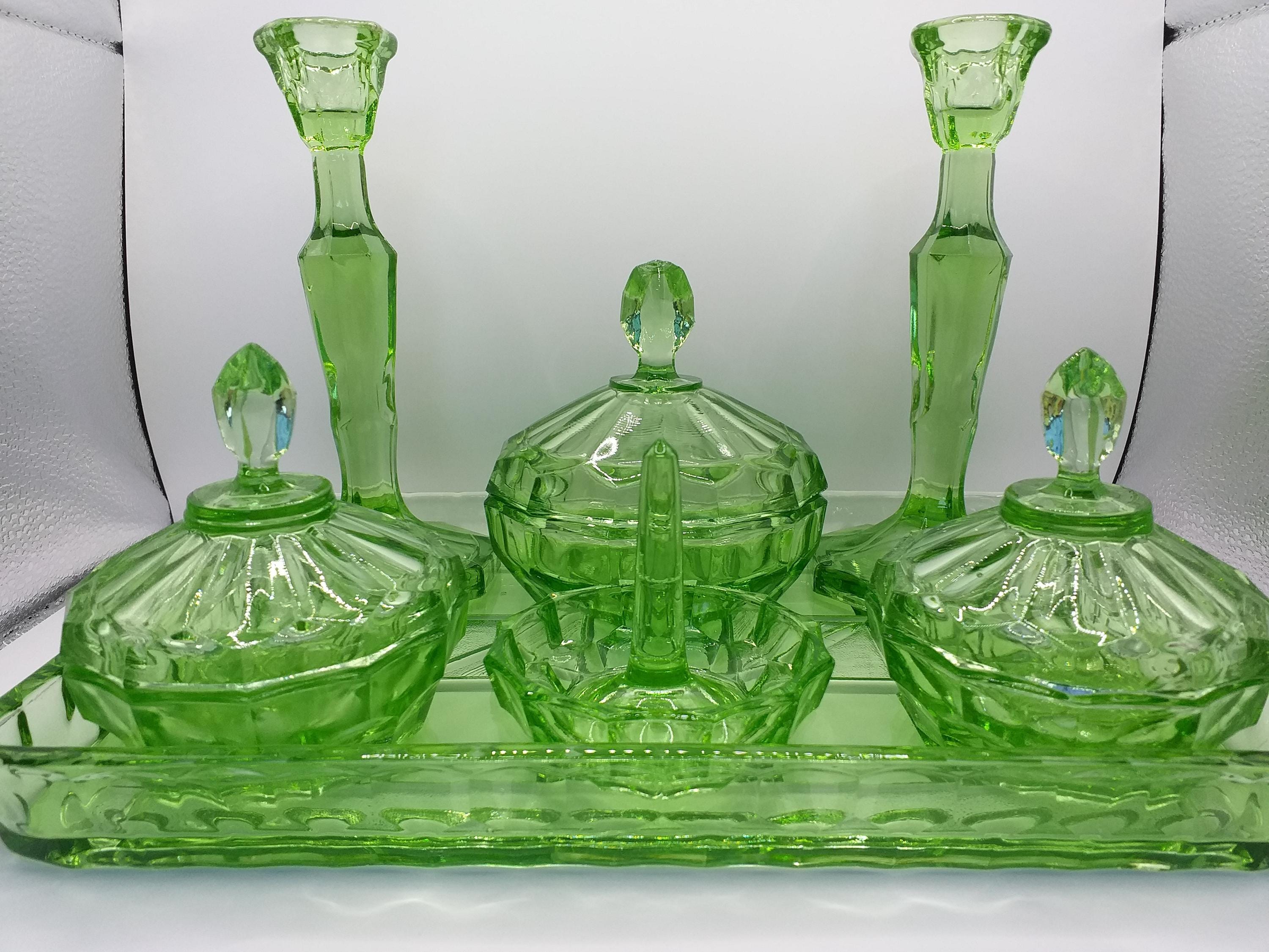 antique green glass dressing table set Pinafore