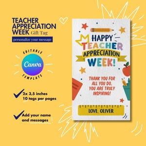 Editable Teacher Appreciation Gift Tags Printable Thank You Teacher Gift Tag School Printable Gift Tag Label Canva Template Digital Download