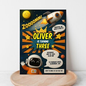Convite de Aniversário Espaço Sideral Editável – Tema Foguete de Argila 3D, Estrelas e Astronauta – Festa Espacial Infantil para Imprimir | Modelo Canva