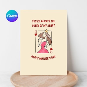 Cartão doce para o Dia das Mães da minha filha, Cartão de aniversário editável para a mãe, Modelo de presente editável para a mãe no Canva, Rainha dos meus corações para o Dia das Mães