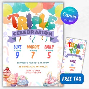 Triple Birthday Invitation, Joint Birthday Party Invite for Siblings, Sisters or Brothers, Canva Template, Shared Birthday Celebration