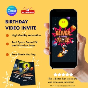Animated Space Birthday Invitation: Rocket Video Evite Canva Template