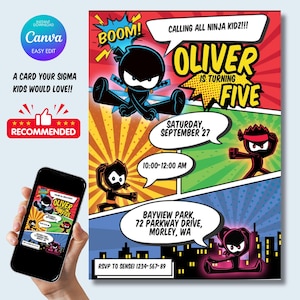 Bewerkbare Ninja Kidz-verjaardagsuitnodiging | Afdrukbare ninja-feestuitnodiging | Karate, kungfu, krijger verjaardagskaartsjabloon voor kinderen