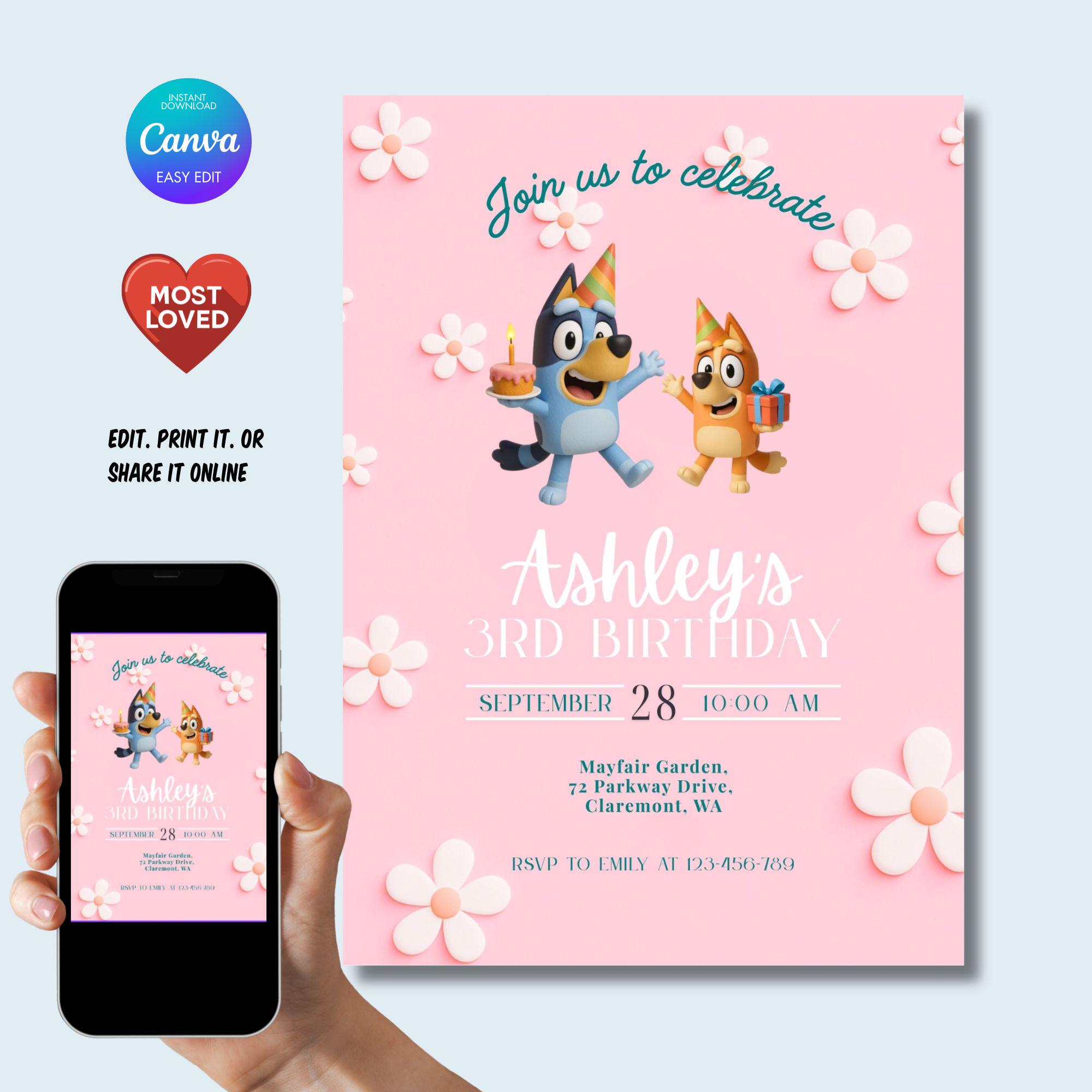 Bluey Pink Daisy Invitation for Girls