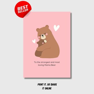 Tarjeta para el Día de la Madre, Mamá Osa, regalo para mamá, tarjeta imprimible para el Día de la Madre, linda tarjeta sencilla para mamá, descarga digital, tarjeta rosa y blanca.
