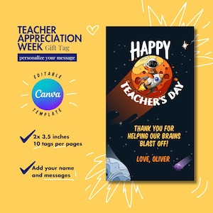 Teacher Appreciation Gift Tags Thank You Teacher Gift Tag School Printable Gift Tags Labels Editable Canva Template Rocket Tags for Teachers