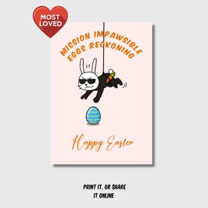 Grappige afdrukbare paaskaart – Mission Impawsible Bunny-kaart, cartoon Spy Egg Hunt-tag, bewerkbaar canvas paasgunstlabel