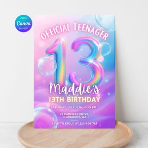 13. Geburtstagseinladung für Mädchen - offizielle Teenager-Party einladen, Pink Bubble-Thema, bearbeitbare Canva-Vorlage
