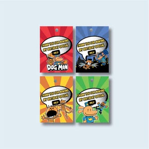 Etiquetas de agradecimento de aniversário do Dog Man, etiqueta de lembrança personalizável para impressão, aniversário do filme Dogman, etiqueta de agradecimento editável do Dog Man, modelo digital Canva