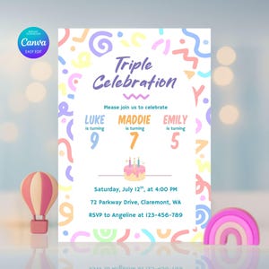 Invitation d'anniversaire triple célébration, invitation d'anniversaire de frères et sœurs, carte de confettis pour célébrer un anniversaire commun, modèle de toile modifiable