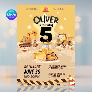Construction Birthday Invitation: Dump Truck, Excavator Canva Template (Digital Download)