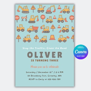 Construction Truck Birthday Invitation: Editable Canva Template (5x7 in, Digital Download