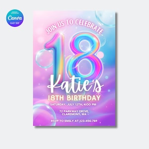 Carte d'invitation modifiable pour le 18e anniversaire, carte d'anniversaire violette et rose imprimable, fête de dix-huit anniversaires, modèle de toile
