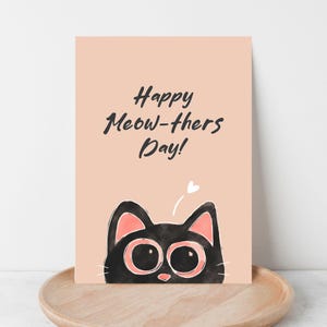 Tarjeta imprimible para el Día de la Madre con Gatos, ideal para amantes de los gatos, tarjeta imprimible para mamás gatas, tarjeta de felicitación con maullidos, descarga instantánea, gato negro rosa.