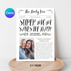 Cartão de Dia das Mães para imprimir da filha, cartão de feliz dia das mães, modelo Canva, cartão de aniversário editável para mãe, estilo jornal