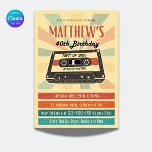Faire-part pour 40e anniversaire modifiable, fête sur cassette rétro imprimable, modèle de toile pour une invitation pour 50e anniversaire avec un design vintage de 1985
