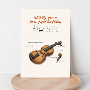 Cartão de aniversário de violino com estilo de esboço de design industrial, cartão de felicitações para impressão para aniversário de estudante de música, modelo editável do Canva