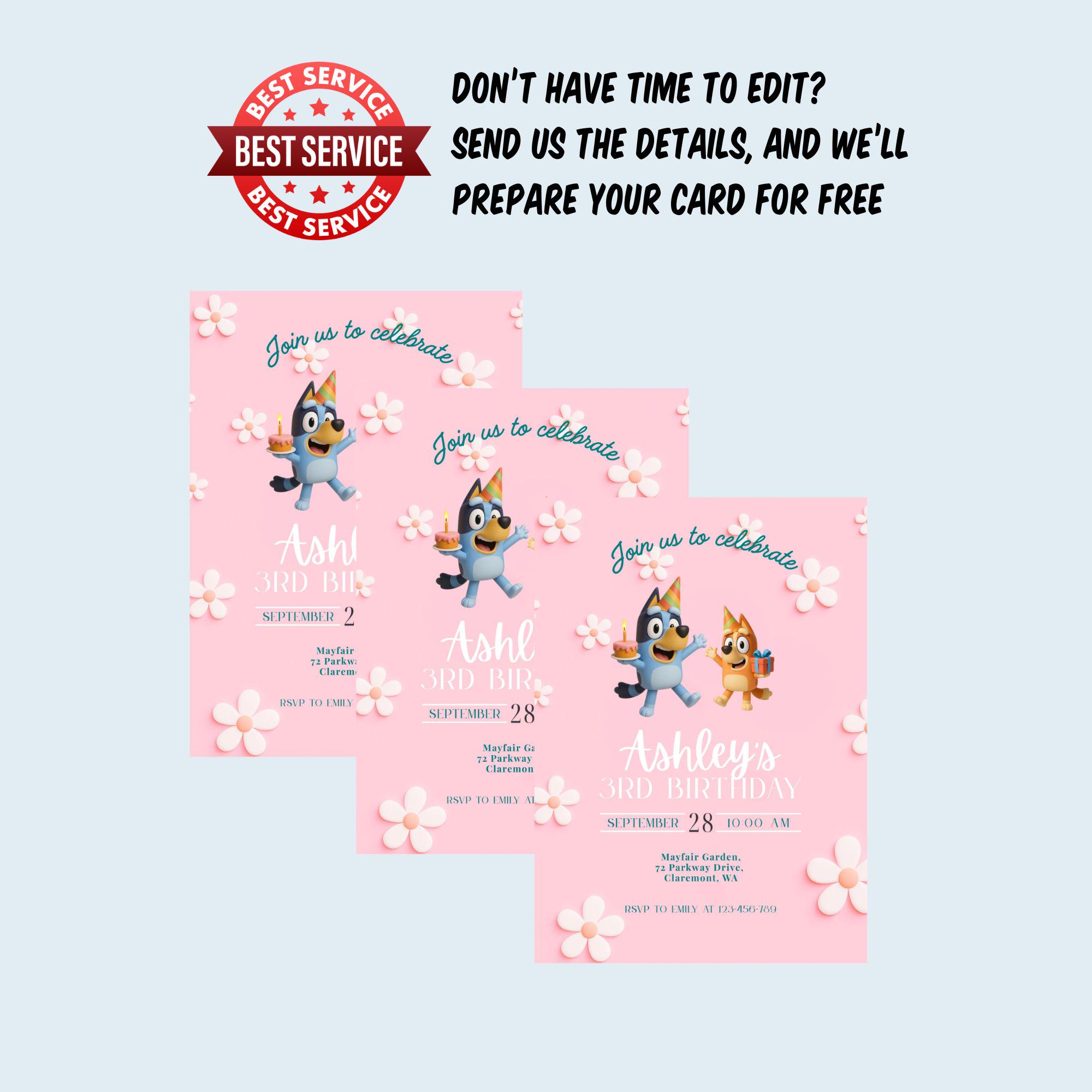 Bluey Pink Daisy Invitation for Girls