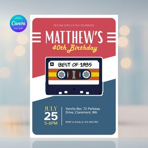 Convite editável para 40º aniversário, convite de aniversário retrô para impressão, modelo de convite de aniversário em cassete CANVA, cartão de aniversário com fita cassete