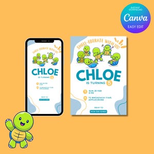 Bearbeitbare Schildkröte-Geburtstagseinladung | Canva Vorlage | Kindergeburtstag Karte | Printable & Digitale Einladung | Niedliche Klassenzimmer einladen