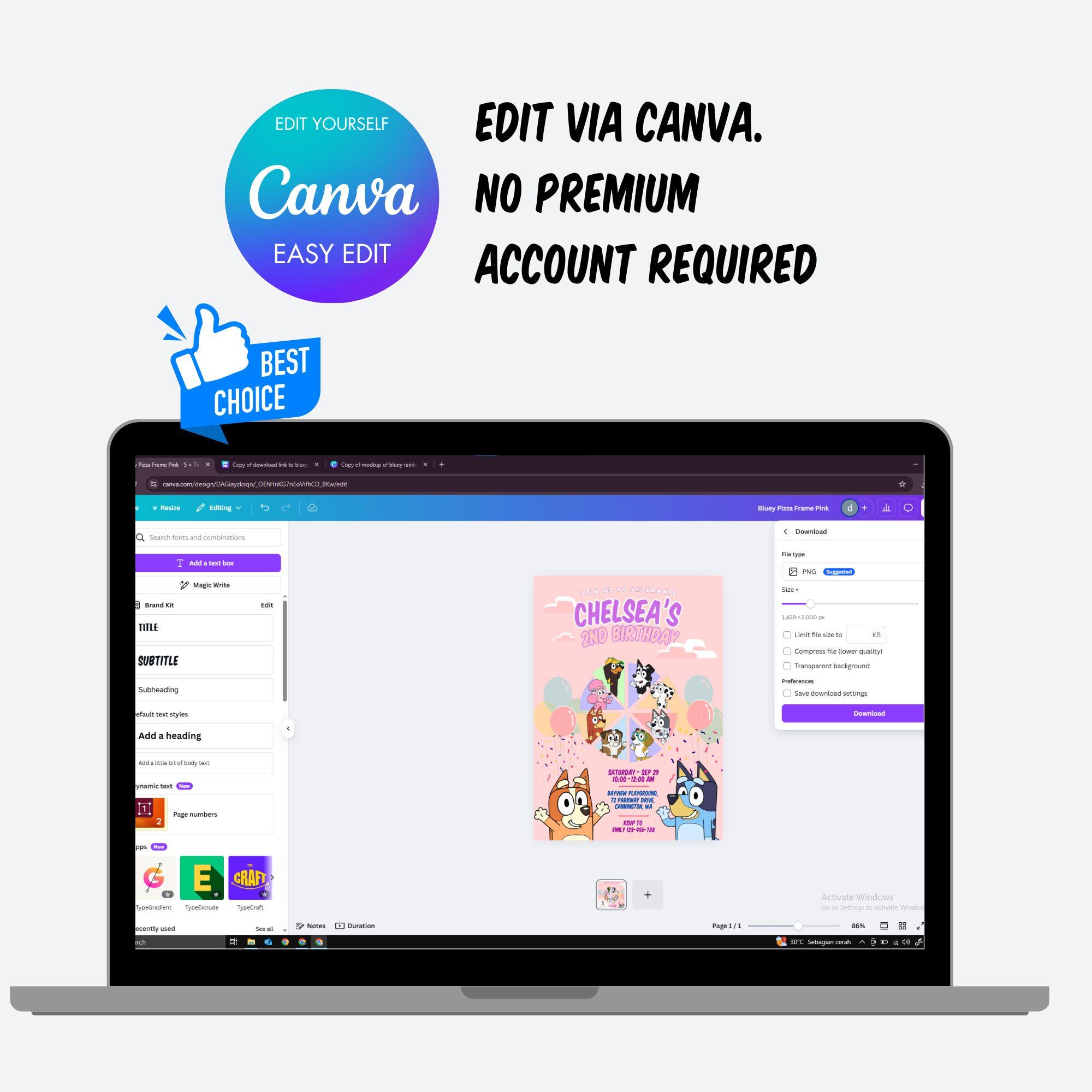 Pink Theme Bluey Balloon Invitation