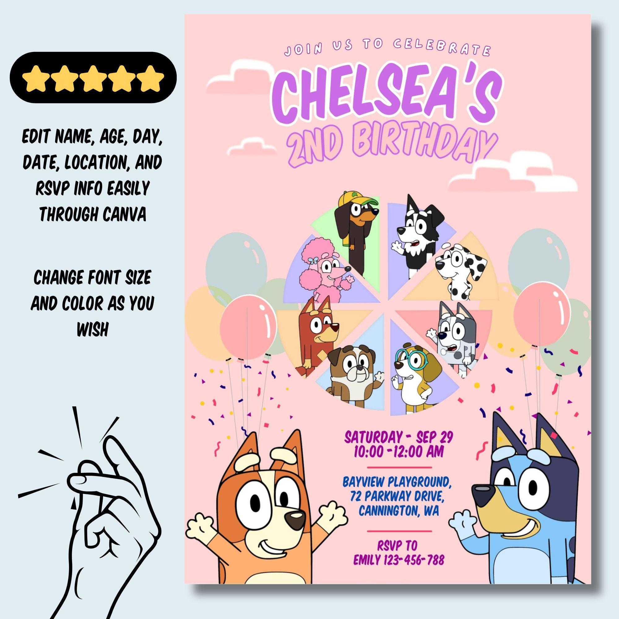 Pink Theme Bluey Balloon Invitation