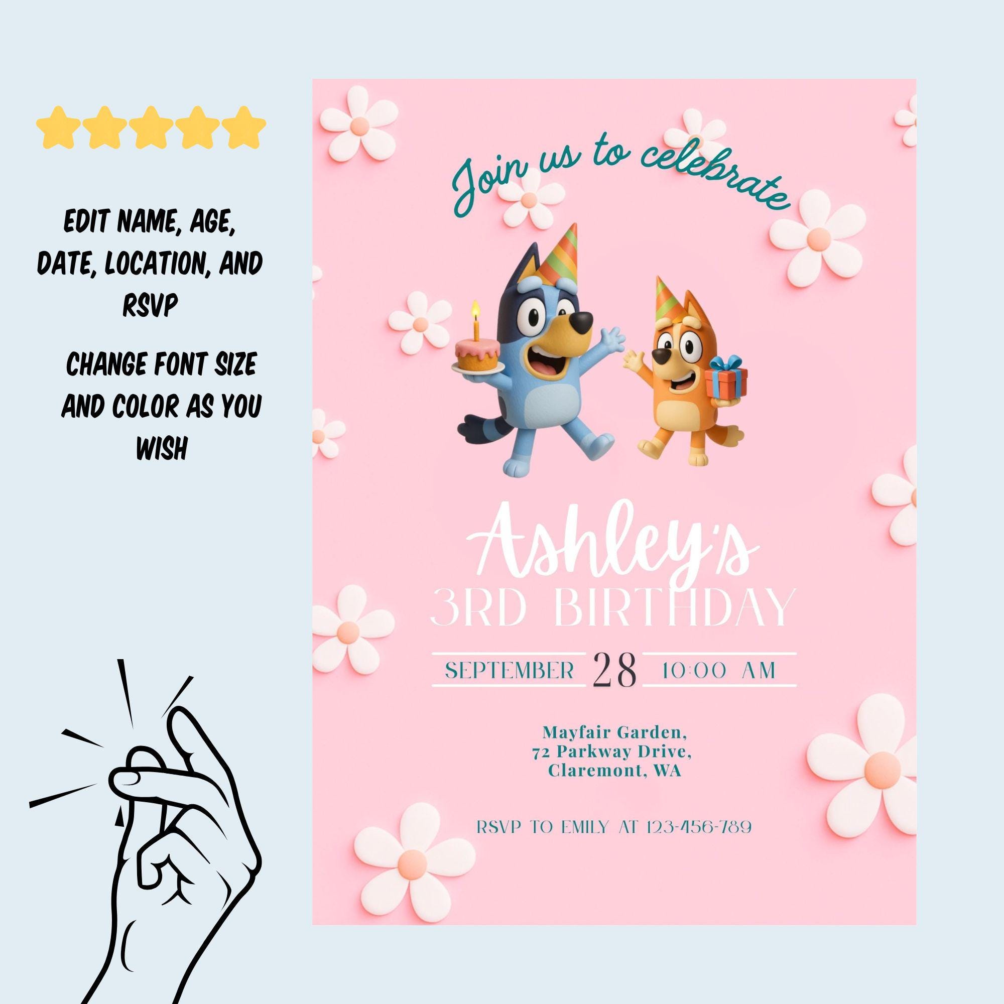 Bluey Pink Daisy Invitation for Girls