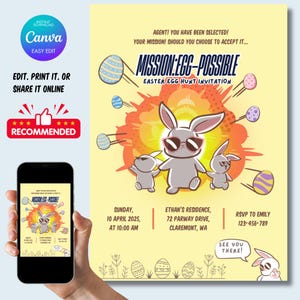 Mission Egg-Mogelijk Easter Egg Hunt-uitnodiging, Funny Bunny-feestuitnodiging, bewerkbare canvassjabloon, direct downloaden, coole paaskaart