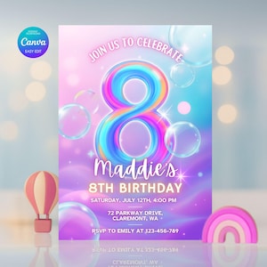 Rosa Geburtstagseinladung, druckbare Glitter-Geburtstagsfeier, Regenbogenfolie für Mädchenparty, Bubble-Geburtstagskarte, bearbeitbare Canva-Vorlage,