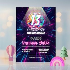 Bearbeitbare 13. Geburtstagseinladungskarte, druckbare Teen Disco Party, Neon Glow Canva Vorlage, digitale Teenager Geburtstagskarte