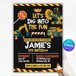 Construction Birthday Invitation: Dump Truck, Excavator Party (Canva Template, 5x7, Digital Download)